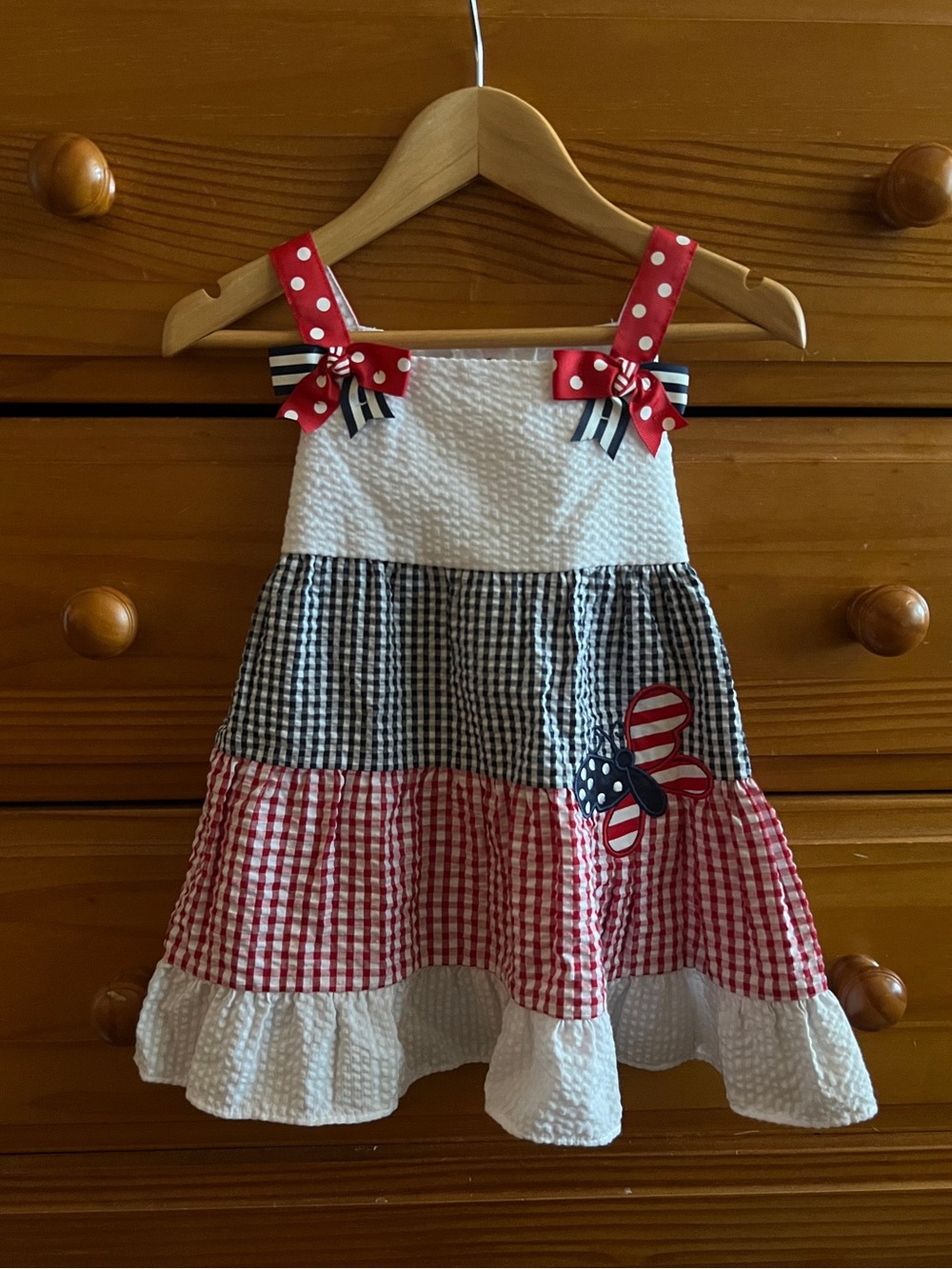 Red, White & Blue Gingham Tiered Girls' Dress with Ribbon Bows